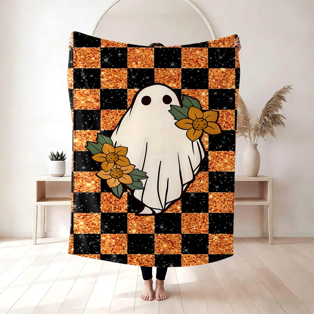 Halloween Flannel Sherpa Throw Blanket Pumpkin Ghost Print Super Warm Cozy for Bed Sofa Living Room Home Decoration Holiday Gift