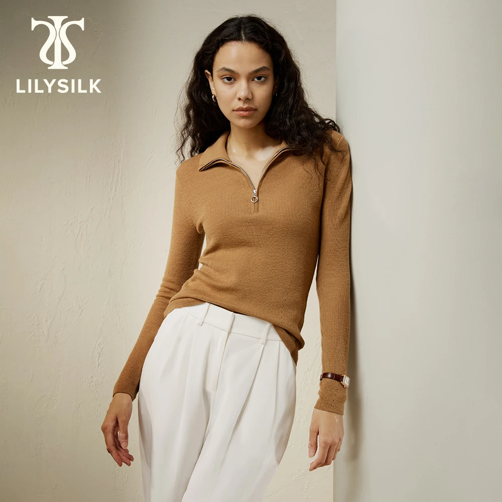 

LILYSILK Wool Sweater for Women with Zipper 2023 Fall New Long Sleeve Turn Down Collar Top traf Knitwears Clothing Free Shipping