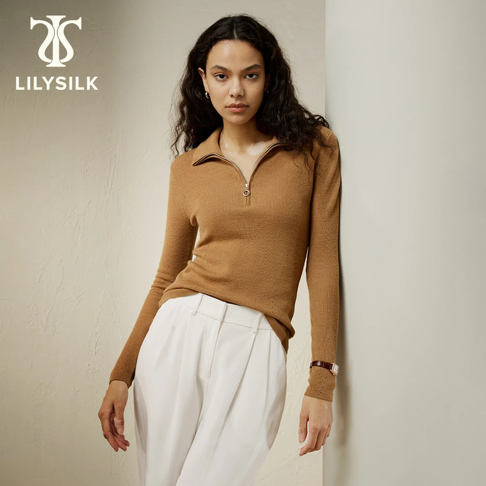 LILYSILK Wool Sweater for Women with Zipper 2023 Fall New Long Sleeve Turn Down Collar Top traf Knitwears Clothing Free Shipping