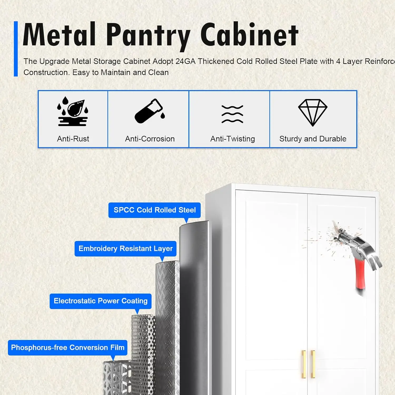 Kitchen Pantry Cabinet, Metal Pantry w/ Doors & Adjustable Shelves, 60'' Tall Utility Storage Cabinet w/ Handles for Dining Room