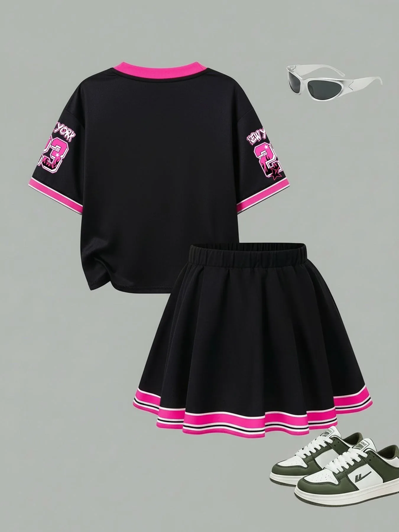 Kids Girls 2-Piece Cheerleading Outfit, Pink Black NEW YORK 23 Number Print V Neck Striped Short Sleeve Jersey Top & Pleated Ski