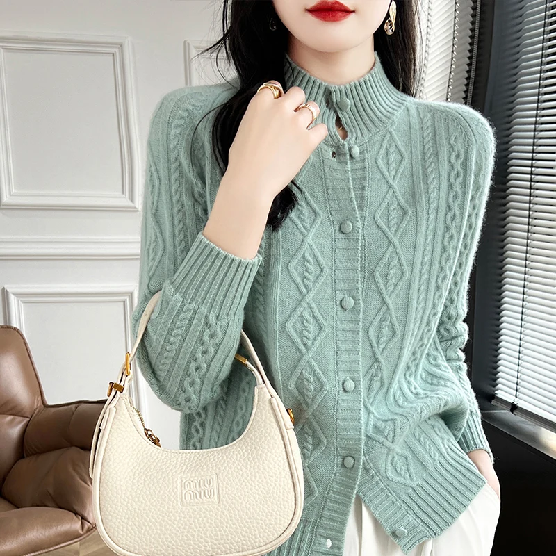 100% Wool Cashmere Cardigan Autumn Winter New Half High Collar Twist Coat High-End Knitwear Sweater Shirt Loose Women Thick Tops