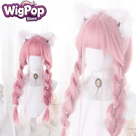 Synthetic Long Stright Cosplay Lolita Harajuku Wig With Bangs Pink Wine Red White Halloween Braided Wig for Women Daily Wear Wig