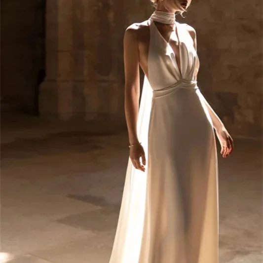 Halter DeepV Neck Satin Wedding Dress For Women Open Back Floor Length Chapel Train Slim Fit Elegant Bridal Gown For Photo Shoot