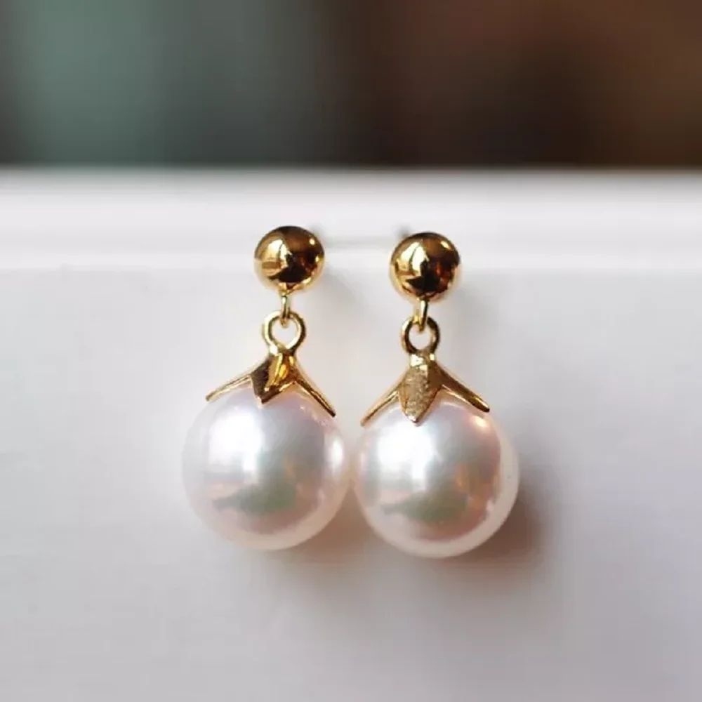 

Gorgeous AAA+8-9mm True Natural Japanese Akoya White Round Pearl Earrings 18k Gold/AU750 Gold 7-8mm