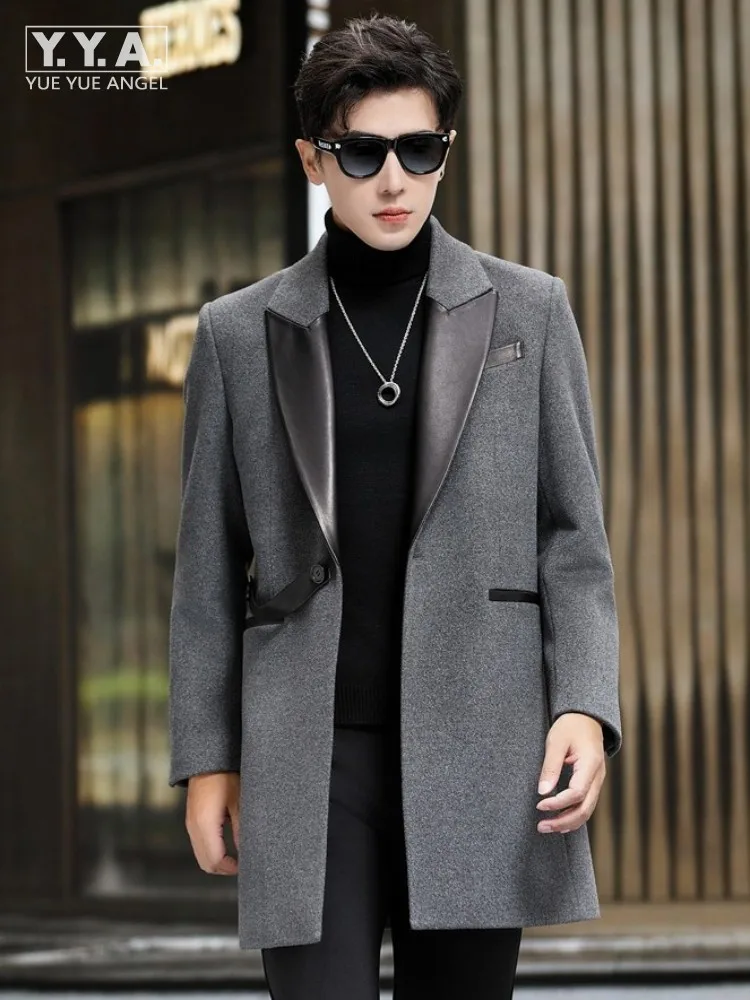 

Fashion Mens Wool Coat Autumn Winter Spliced Sheepskin Middle Long Business Casual Suit Jacket Single Button Office Men Overcoat