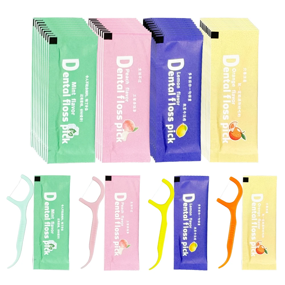50pcs/box Fruit Flavor Dental Floss Colored Toothpicks Teeth Cleaning Stick Plastic Interdental Flosser Picks Oral Hygiene Tools