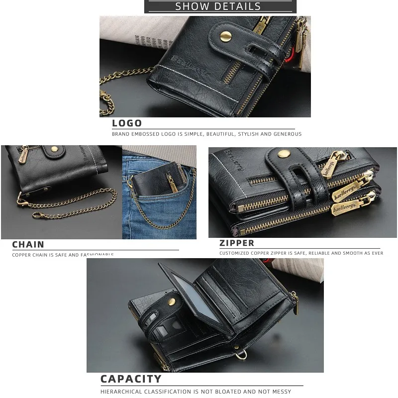 Premium Men's Short Wallet Large Capacity Anti-Lost Chain Double Zipper Purse Multiple Card Slots