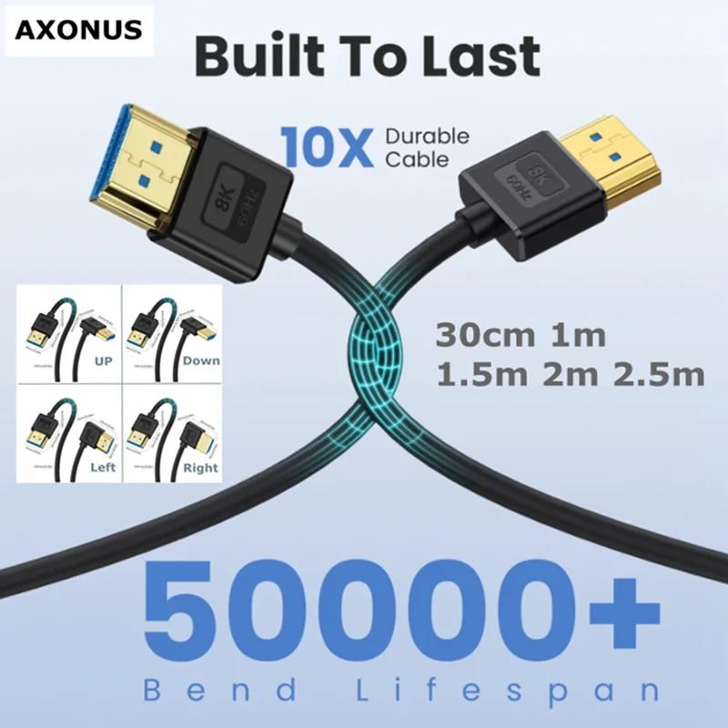 30cm-250cm Version 2.1 HDMI-compatible With Silicone Flexible 90 Degree Angle Thin Wire Supports 10K96Hz/8K 60Hz/4K240HZ/4K144HZ