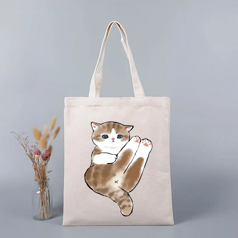 Japanese Cute Cat Print Custom Summer Large Beach Bag Shopper Handbag  Girl Canva Shoulder Bag Tote Bag Luxury Designer Purse