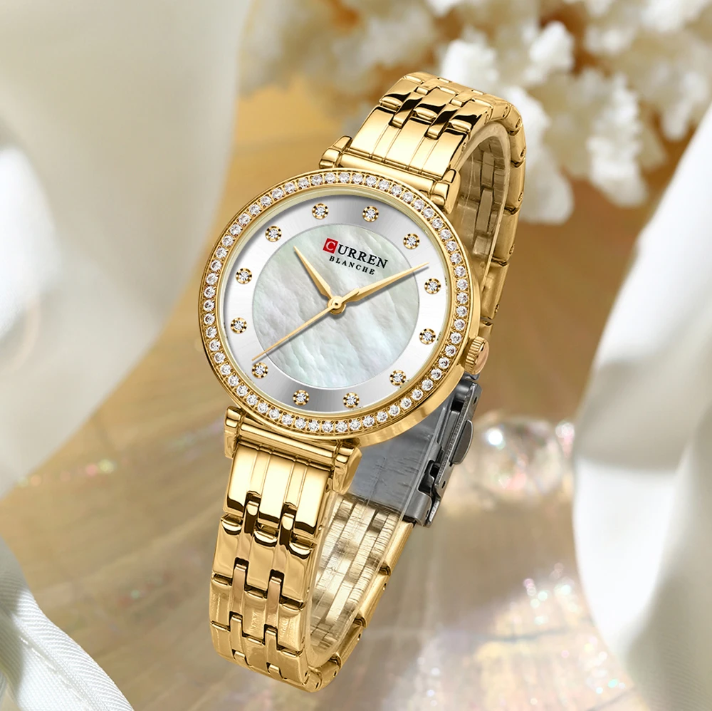 CURREN Elegant Thin Quartz Charming Wristwatches for Women Stainless Steel Band with Shell Dial Shiny Rhinetone Watches