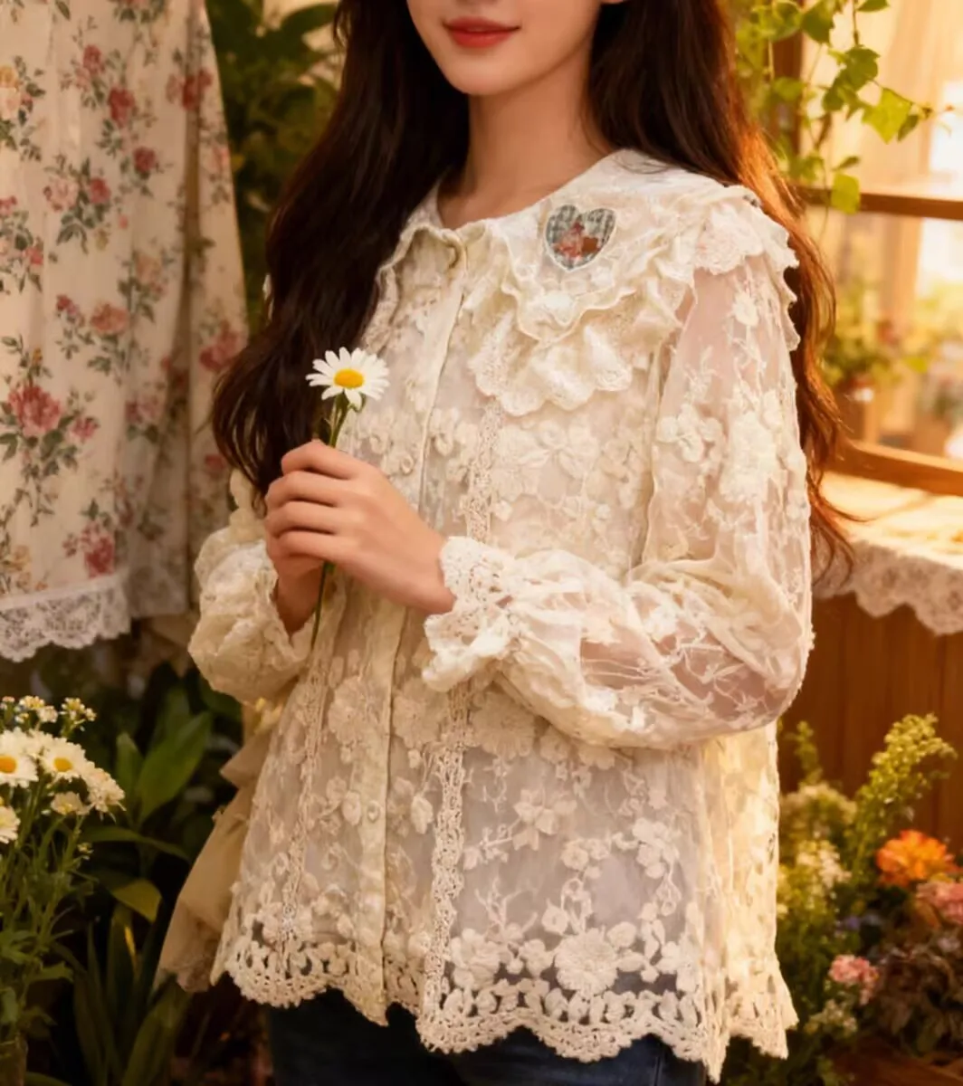 

Французская ретро-рубашка в дворцовом стиле с оборками и вышивкой, универсальный базовый топ для женщин в японском стиле Mori Girl