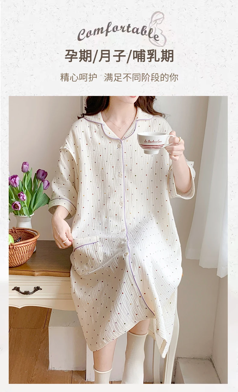 100% Cotton Double Gauze Nursing Night Dress for Maternity Sweet Loose Dot Printed Sleepwear for Pregnant Women Home Hospital