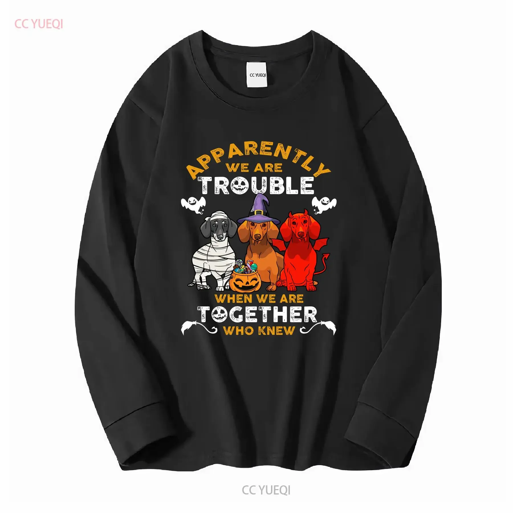Dachshund Dog Halloween T Shirt Apparently We Are Trouble Funny Witch mummy demon long or short sleeves vintage Washed