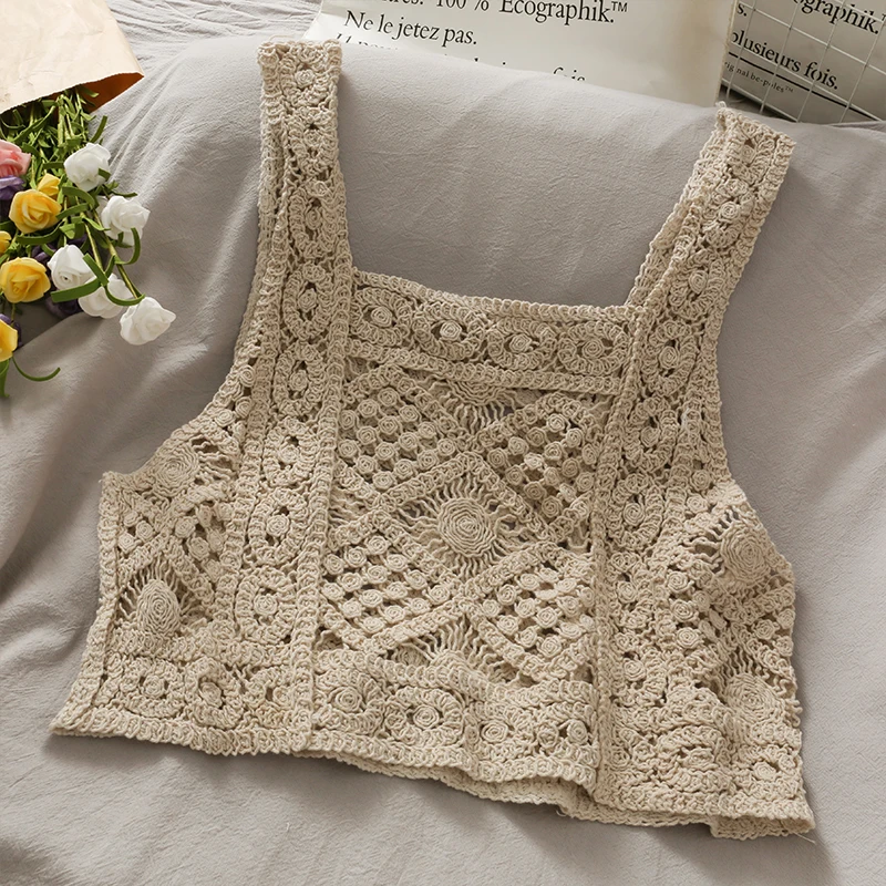 Sleeveless Crochet Top Sheer Embroidery Lace Open-knit Crop Tank Tops for Women Spring Summer Boho Vacation Outfit