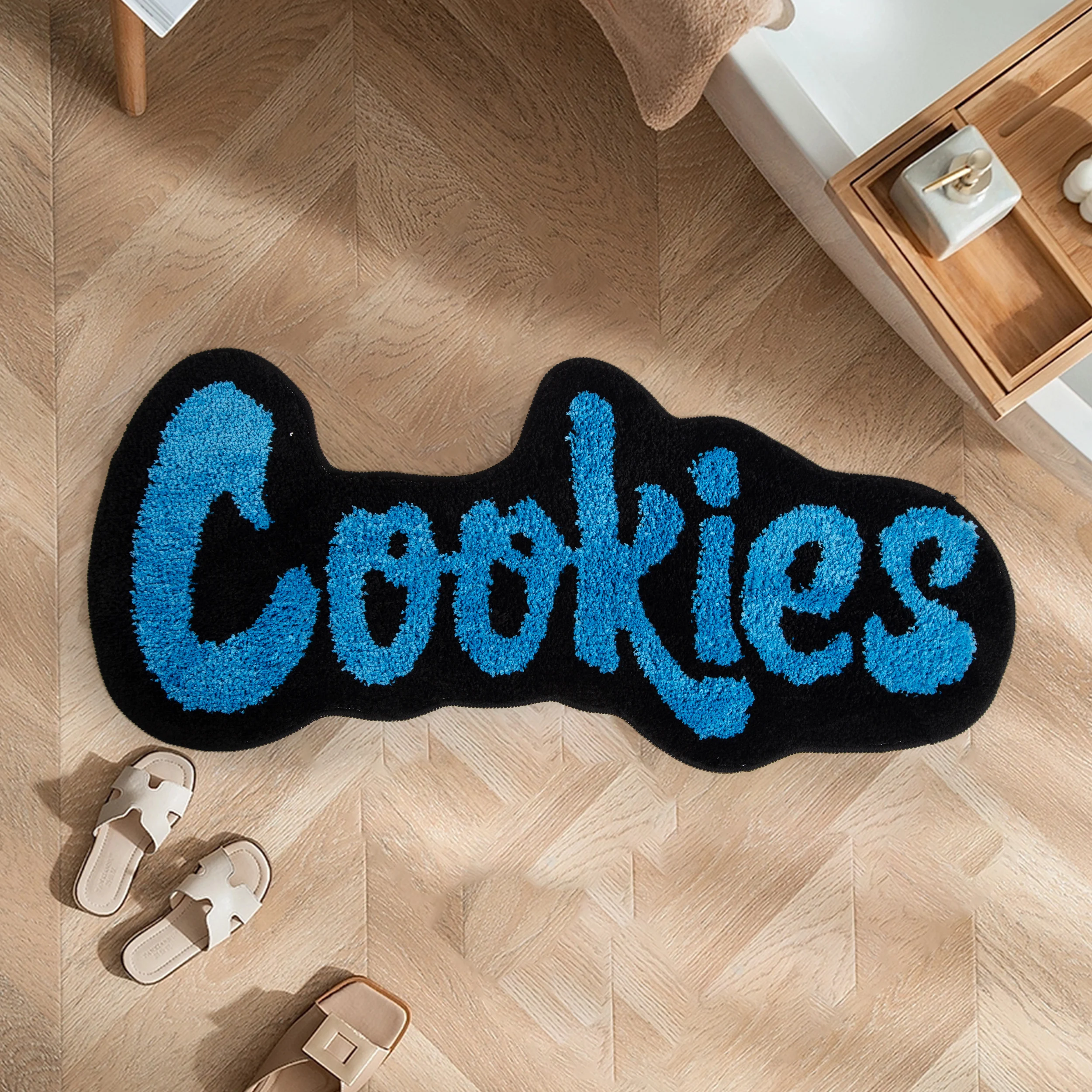 

"Cookies" Letter Pattern Cluster Tufting Rug Irregular Shaped Black & Blue Shaggy Carpet, Soft Fluffy Anti-Slip Mat for Kitchen