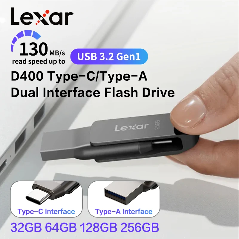 Lexar Metal Dual Pen Drive USB 3.2 and Type-C Flash Drive D400 32GB 64GB 128GB 256GB Max 130Mb/s U Disk for iPhone 15 xiaomi