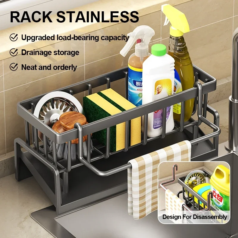 עצמית ניקוז מדף כיור מטבח נירוסטה כיור ניקוז מדף ספוג אחסון ספוג בעל ברז עם כיור מטבח מוט