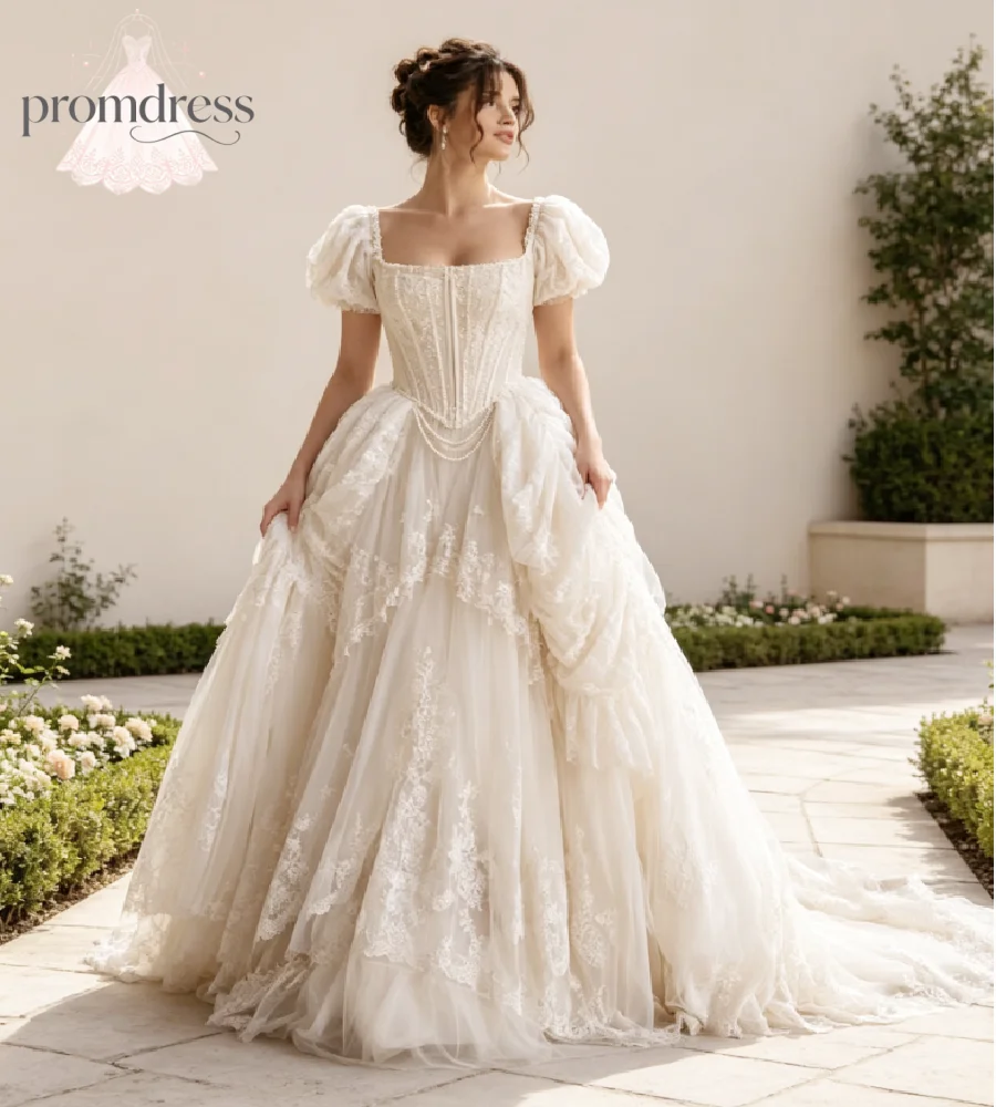 Fairytale Princess Wedding Dress 2027 Square Neck Puff Sleeve Lace Corset Bodice Pearl Chain Decor Tiered Ruffle Lace Bridal