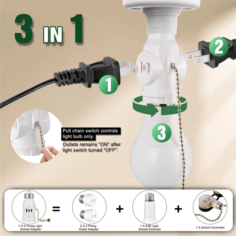 AEE2-2 Outlet Light Socket Adapter,E26 Bulb Socket To Outlet Splitter,Convert Medium Screw Socket Into A Socket 2 Outlets 2Pc