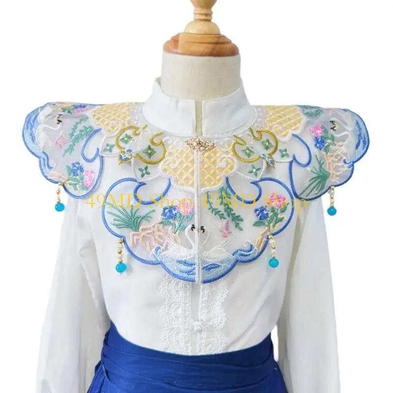 49MD Women Detachable Collar Embroidered Flower Collar Shawl Wrap Hanfu Collar