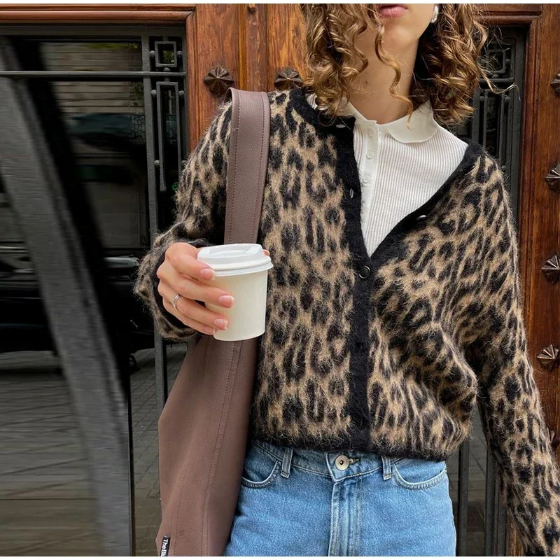 Women Vintage Leopard Print Mohair Cardigans Knitted O-neck Single Breasted Short Sweater 2024 Autumn Lady Casual Streetwear New