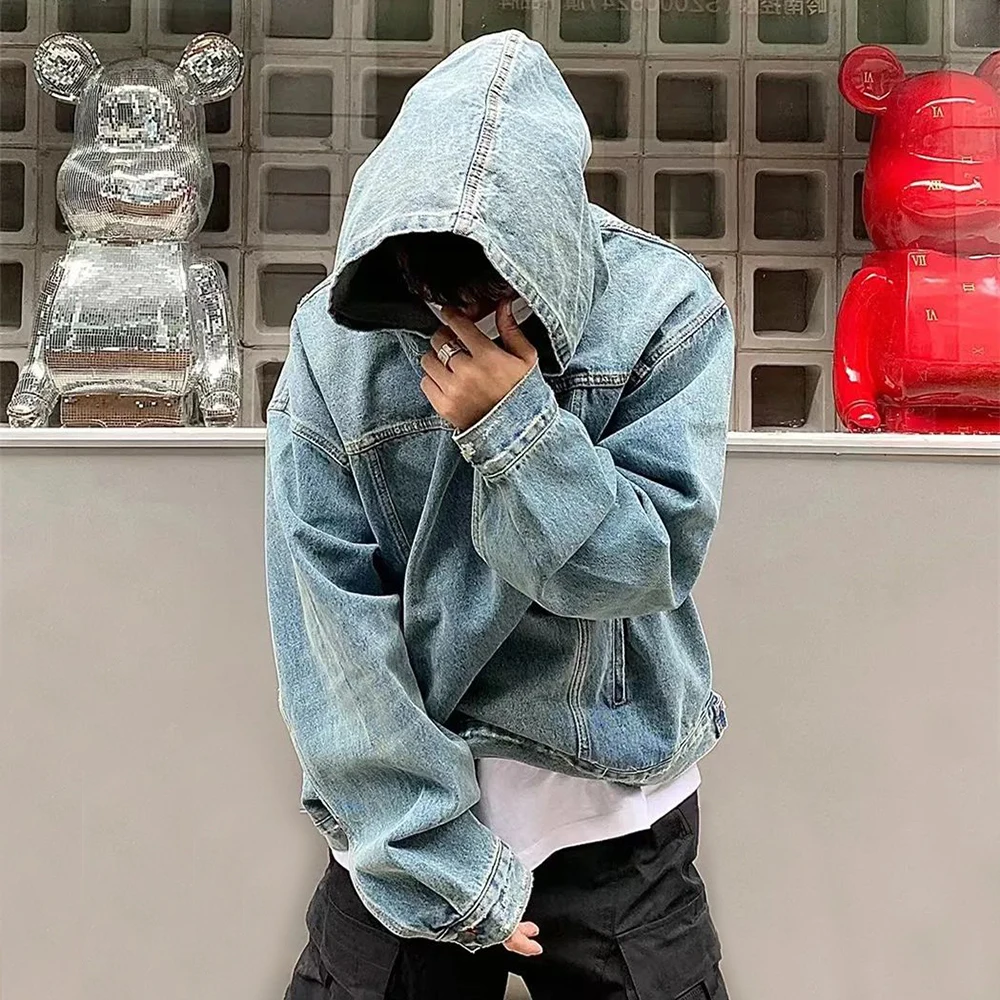 Mens Autumn Winter Fashion Denim Washed Distressed Retro Hoodie Genderless Street Fashion Casual Loose Denim Sweatshirt Unisex