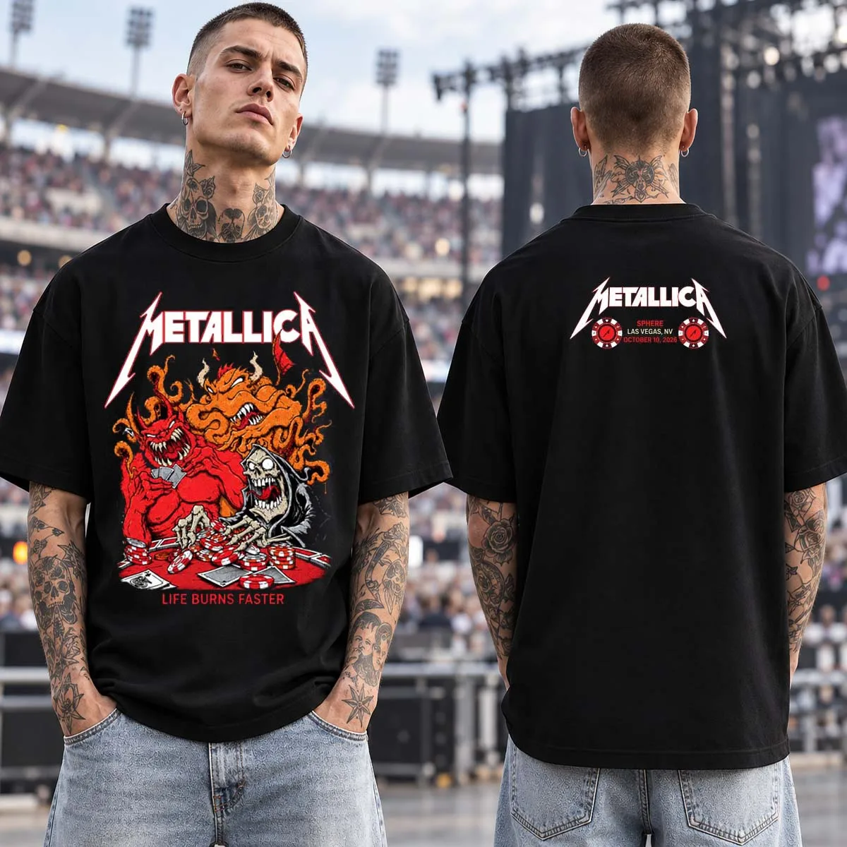 Metallica 2026 Las Vegas Sphere Tour Tshirt Life Burns Faster Octopus Devil Poker Casino Double Sided Print Unisex Rock Heavy