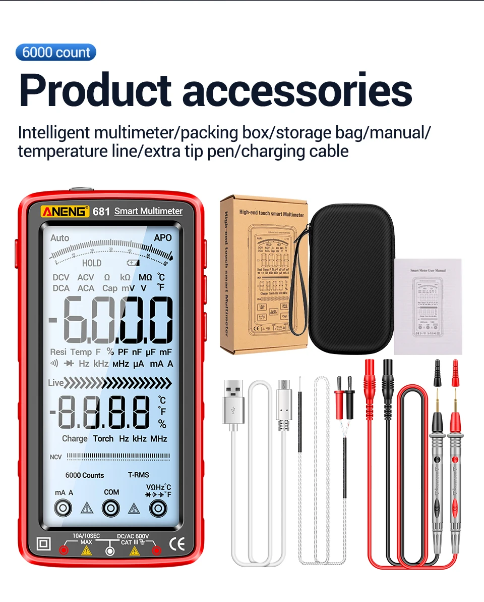 Aneng 681/682/683wiederauf ladbarer digitaler profession eller Multimeter berührungs loser Spannungs tester Wechselstrom/Gleichstrom-Spannungs messer LCD-Bildschirm Strom tester – Detail 15