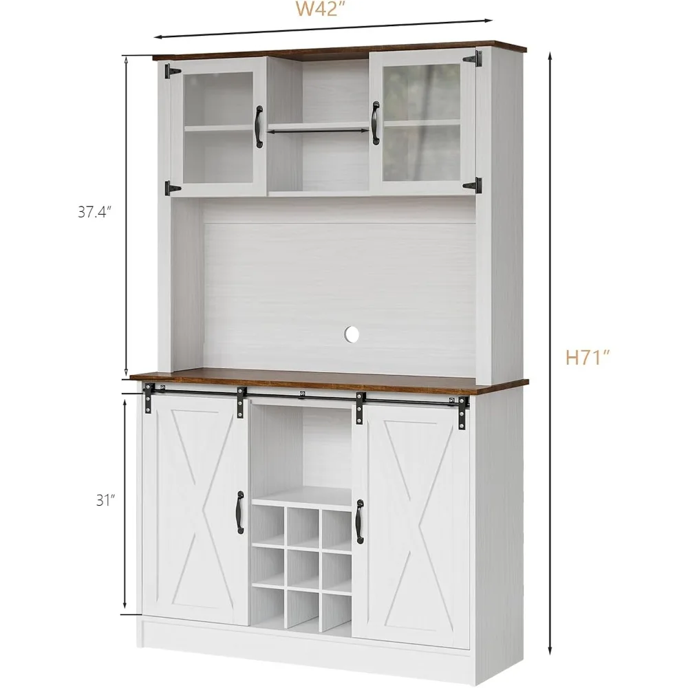 Farmhouse Coffee Bar Cabinet with Hutch, 72'' White Hutch Cabinet with 2 Glass Doors, Tall Wine Bar Cabinet with 9 Wine Racks