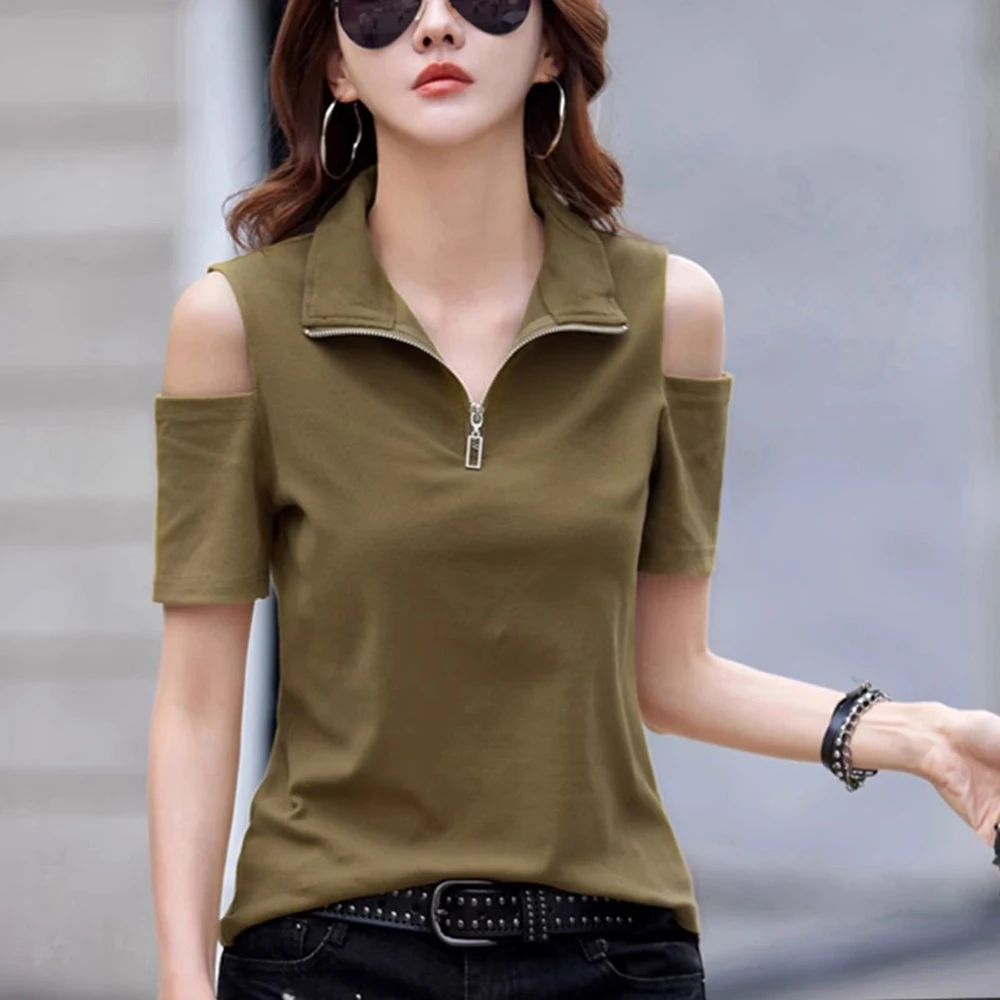 

European Station Short sleeved T-shirt Women's Summer New Fashion Light Luxury Zipper Pure Cotton Loose Large casual Top