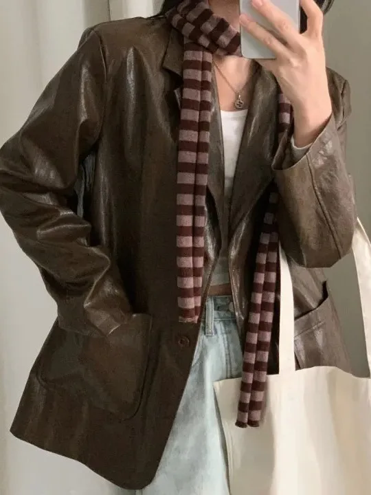 بدلة ريترو Sle من جلد البولي يوريثان Jaet للسيدات فضفاضة طويلة Sve ملابس خارجية أنيقة لخريف وشتاء ملمس راقي