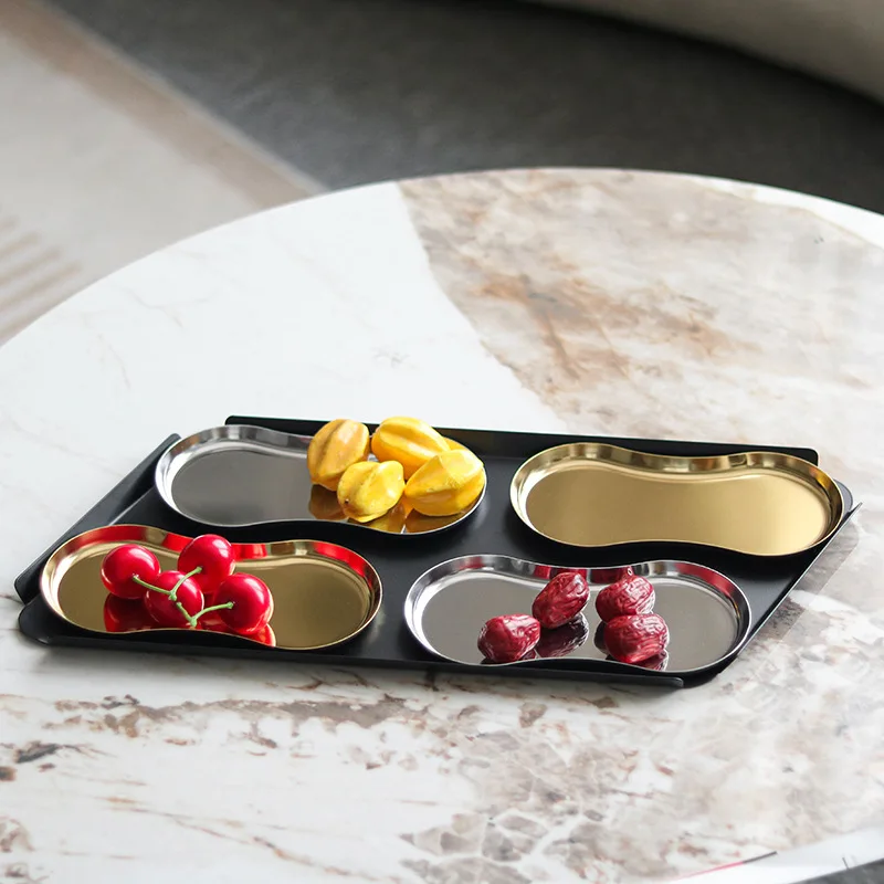

Geometric Art Combination Metal Tray, Abstract Peanut Compartment Storage Tray, Triple Fan-shaped Fruit Tray, Desserts, Snacks