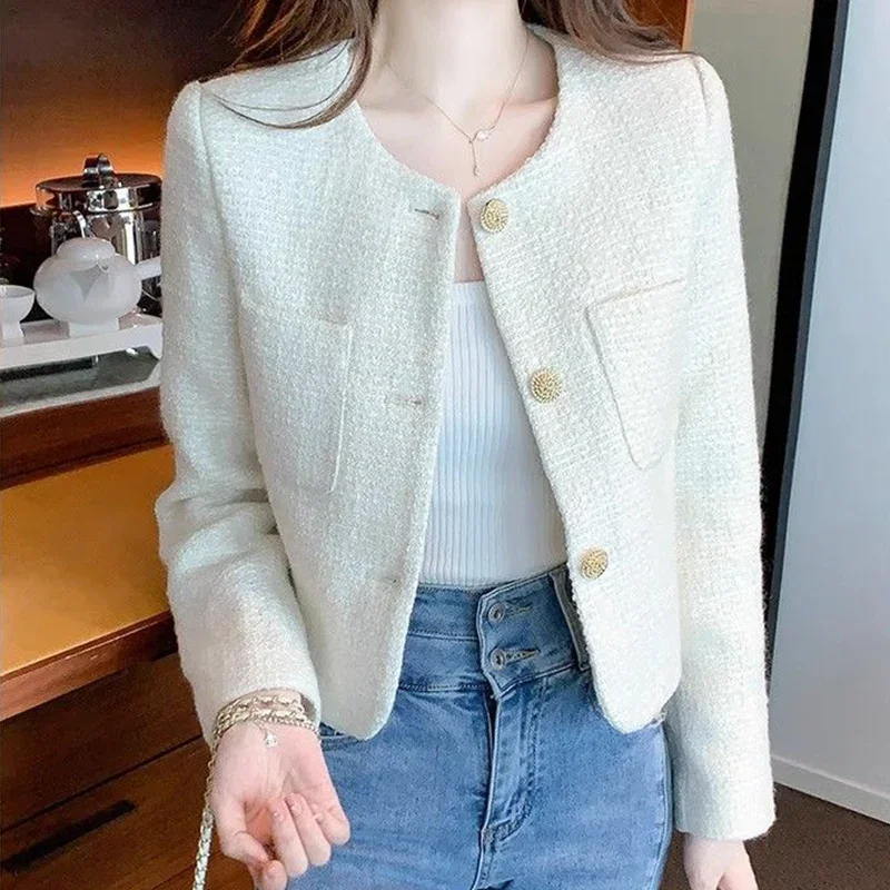 

Rimocy-Tweed Cropped Jacket for Women, Chic Coat, Single-Breasted, Round Neck, Beige, Korean Fashion, Spring