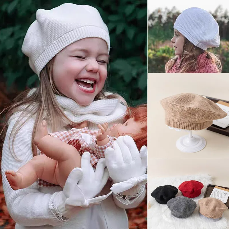 

Warm solid color knitted hat, children's beret, wool hat, casual hat, soft and comfortable, suitable for children aged 2-8