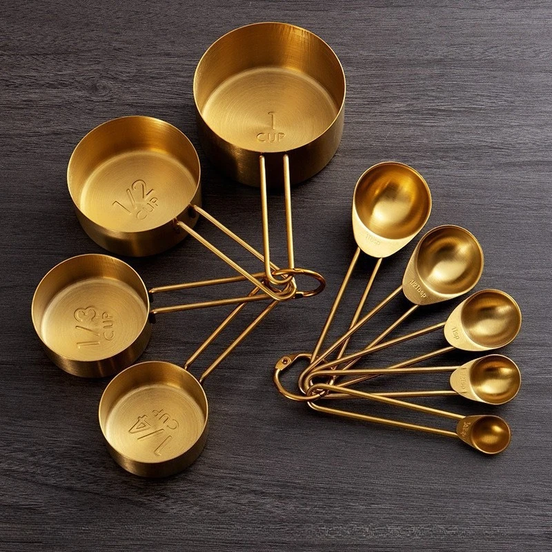 

Golden Measuring Cups and Spoons Set Stainless Steel Stackable Premium Kitchen Tools for Coffee Baking Flour Home Accessories
