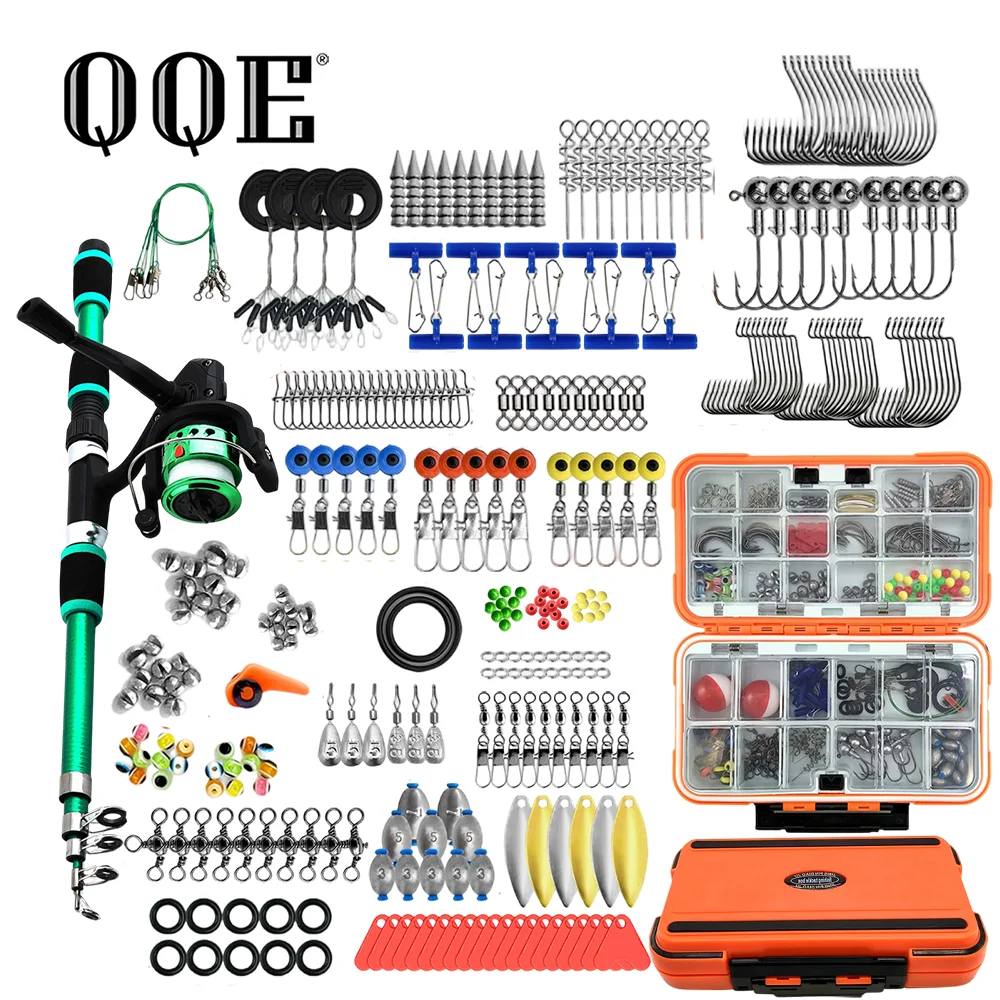 QQE Hot Portable Travel Telescopic Fishing Rod Combo, Spinning Reel with Baits Hooks Accessories for Outdoor Bank Fishing