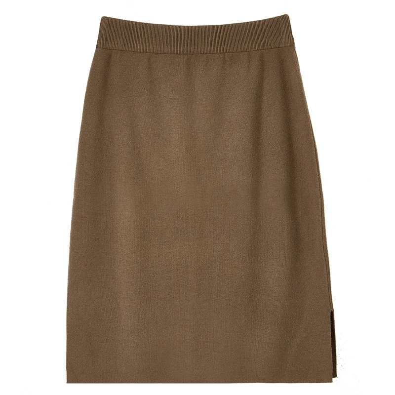 SENTUBILA Solid Midi Skirts Women Autumn Retro Elastic Waist Slit Knitted Skirts Casual Korean Popular Women's Clothes W14Q38504