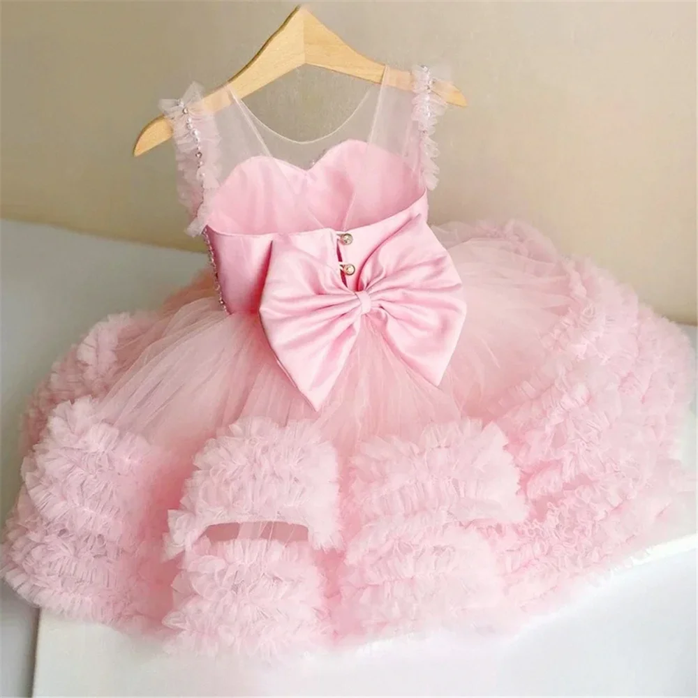 

Lovely Pink Flower Girl Dresses Bow Decoration For Wedding Princess Birthday Gift Pearl Beaded Puffy First Communion Gown