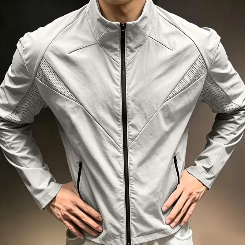 Men Summer Slim Fit Sun Protection Jacket Zipper Mesh Stand Collar Quick Dry Lightweight Outdoor Cycling Running Coat