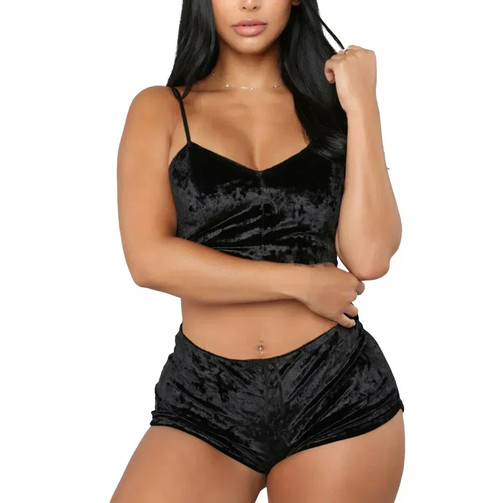 Women Sexy Nightwear Oil Shiny Lingerie Set Super Soft Sleepwear Sleeveless Short Underwear Casual Crop Tops Breath Pajamas Set