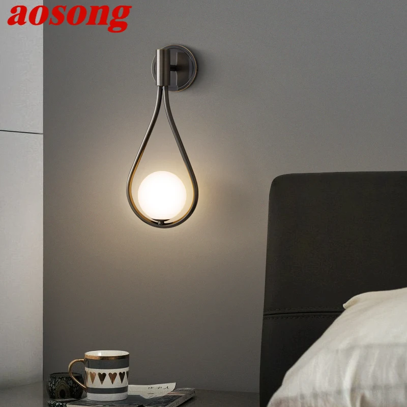 

AOSONG Indoor Brass Wall Lamp LED Black Sconce Lighting Glass Creative Simple Decor for Home Living Room Bedroom