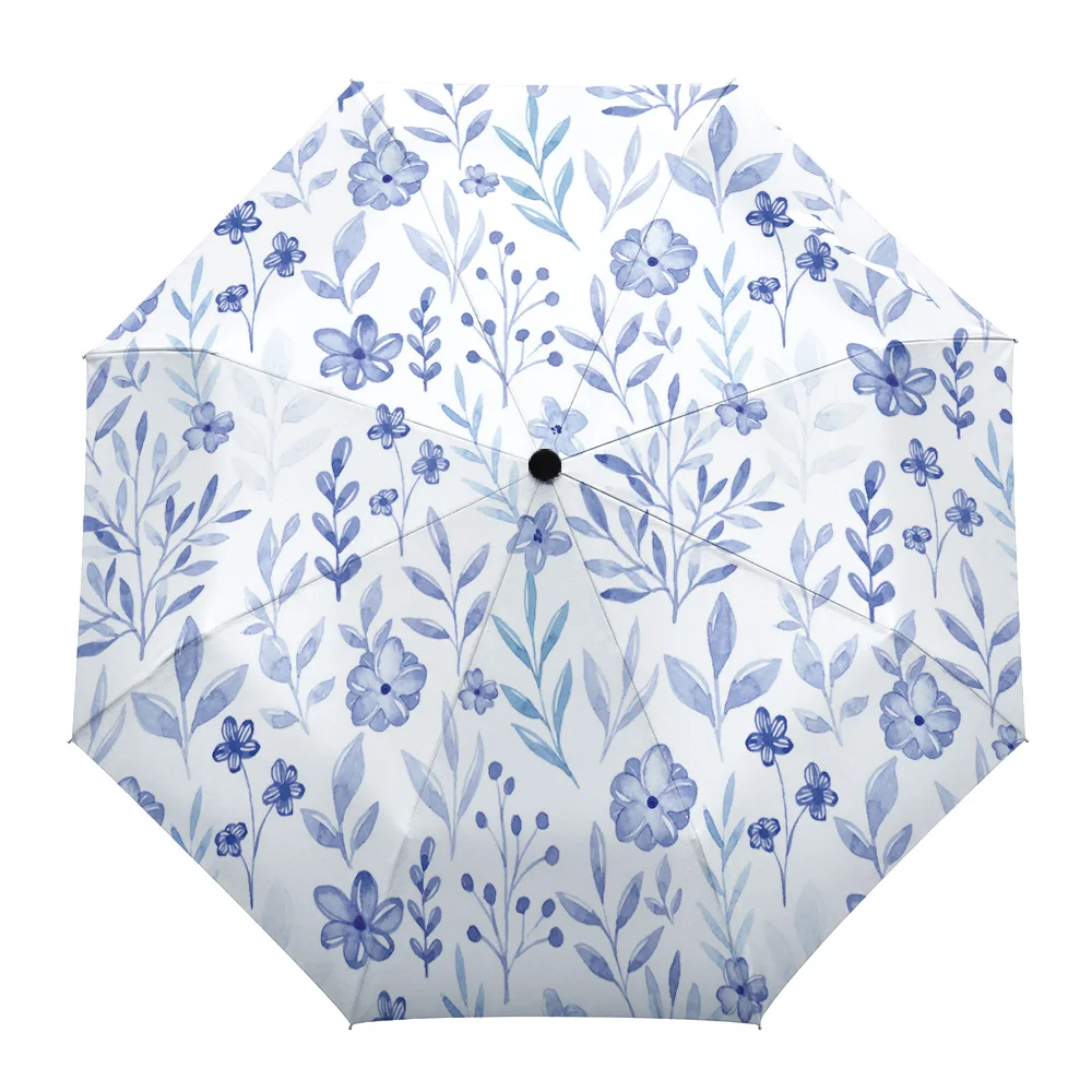 Summer Watercolor Flowers Non Automatic Rain Umbrella Outdoor Foldable Sun Umbrella for Women Makes Three Fold Umbrella