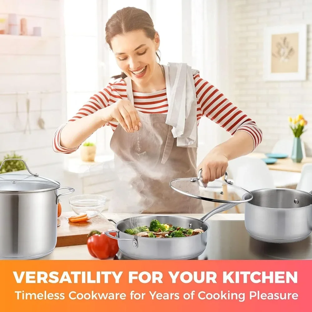 17 Piece Stainless Steel Cookware Set with Ergonomic Handle，suitable for Simmering, Stir Frying, Cooking,and Stewing.Cooking Set