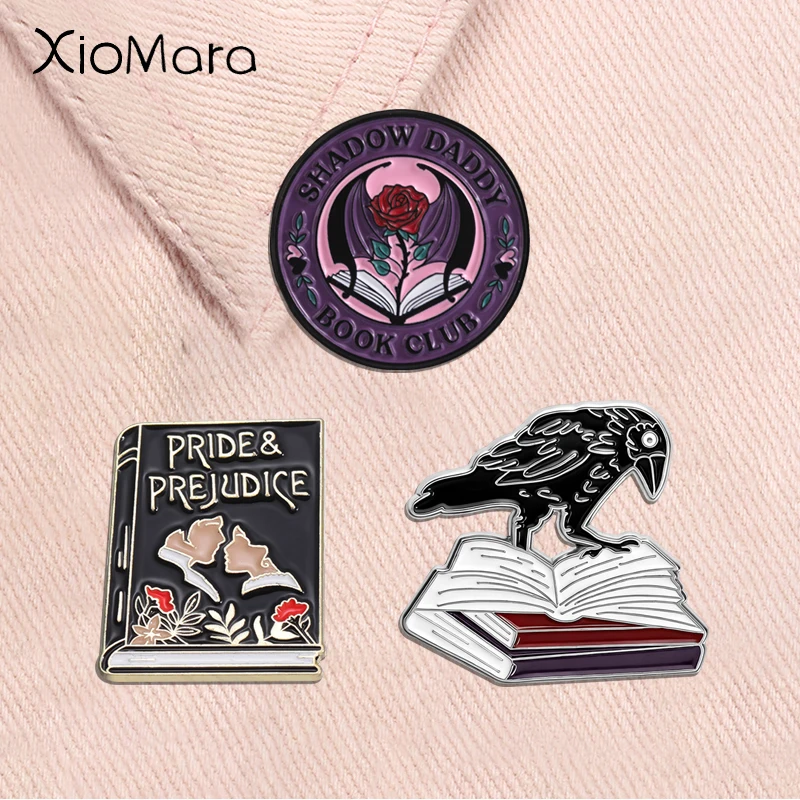 Shadow Daddy Book Club Enamel Pin Gothic Bat Wing Red Rose Book Dark Fantasy Novels Reader Brooch Lapel Badge Jewelry Gift