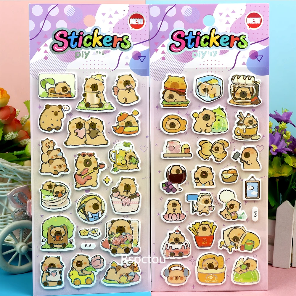 Pegatinas hinchadas 3D de capibara divertidas, calcomanía de burbujas de animales, juguete impermeable, papelería DIY, portátil, pegatina de recompensa de dibujos animados, 6 uds.
