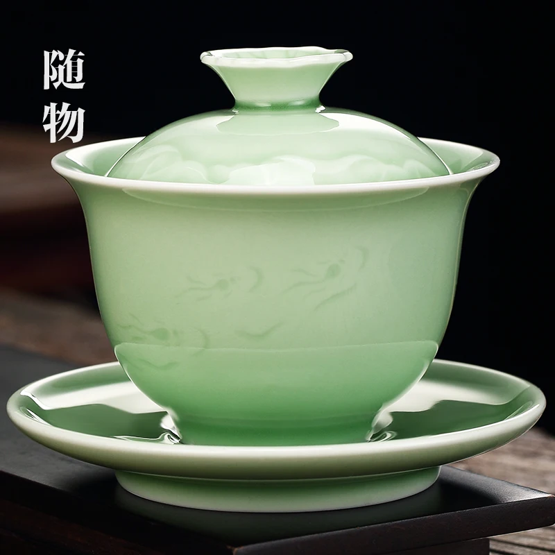 

Embossed Celadon Covered Single CeramiC Sancai Bowl, Making Without Burning Hands, Kung Fu Set, Tea Cup With