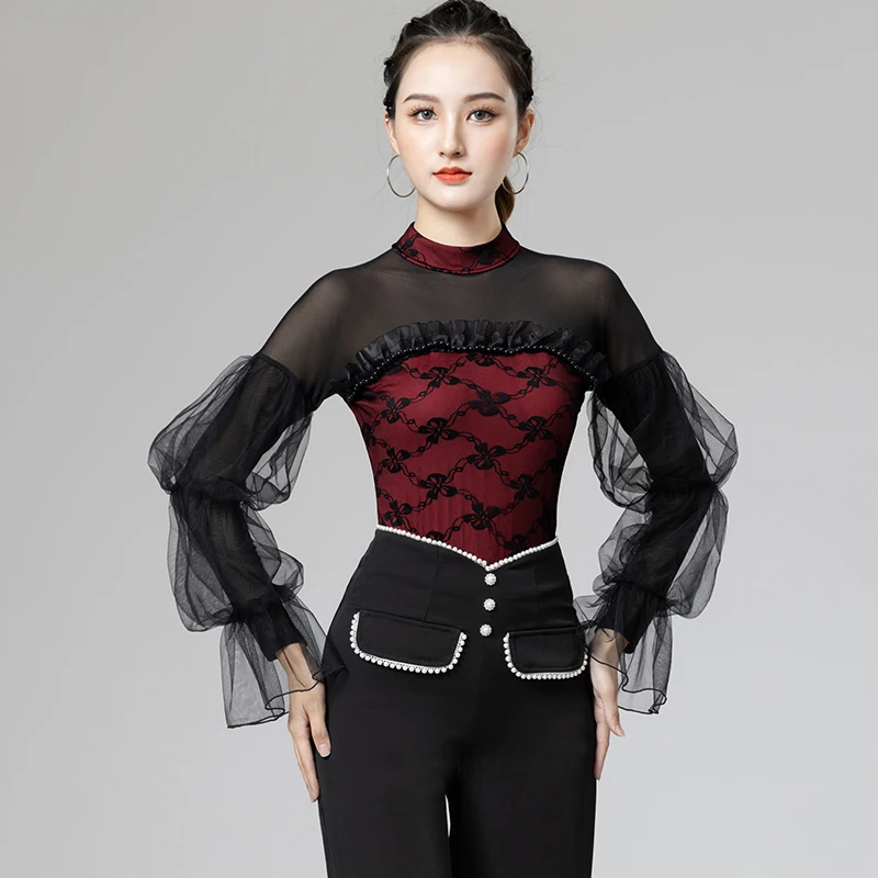 

Latin Dance Tops For Women Adult Long Sleeve Practice Clothing Professional Rumba Training Jumpsuit Samba Dance Clothes DQL7563