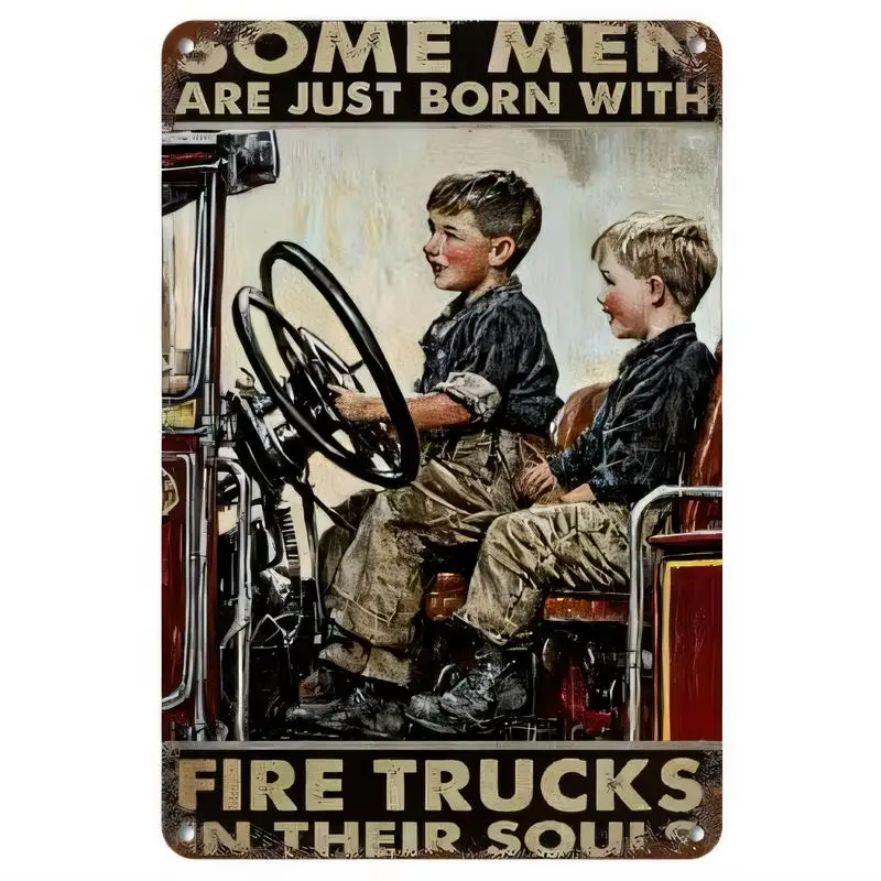 Vintage Metal Fire Truck & Boys Tin Sign - Retro 2D Wall Art, Iron Material, Nostalgic Design for Home, Garage, Firefighter Deco