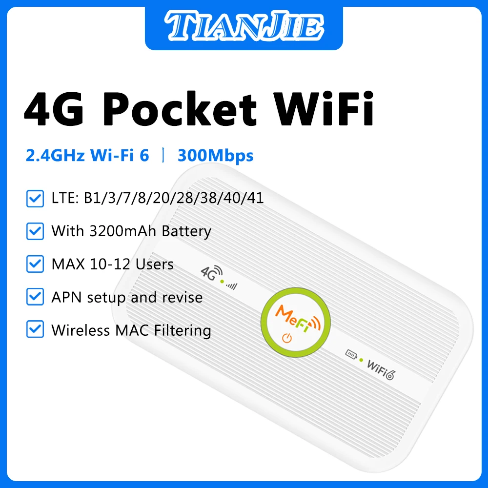 TIANJIE M30 4G WiFi6 MiFi Portable Router 3200mAh Long Battery Travel WiFi Hotspot For Home Work Camping Outdoor MAX 12 Users